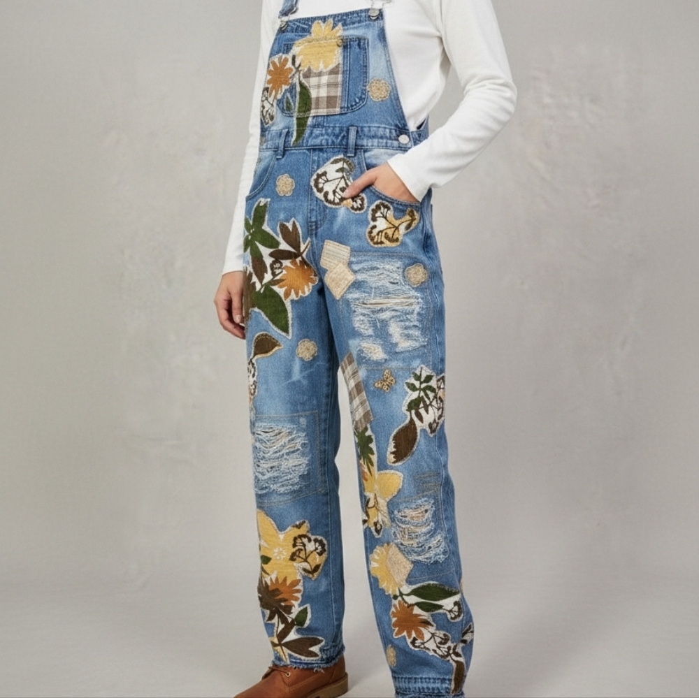 Upcycled & Handcrafted Floral Patchwork Denim Ove… - image 1